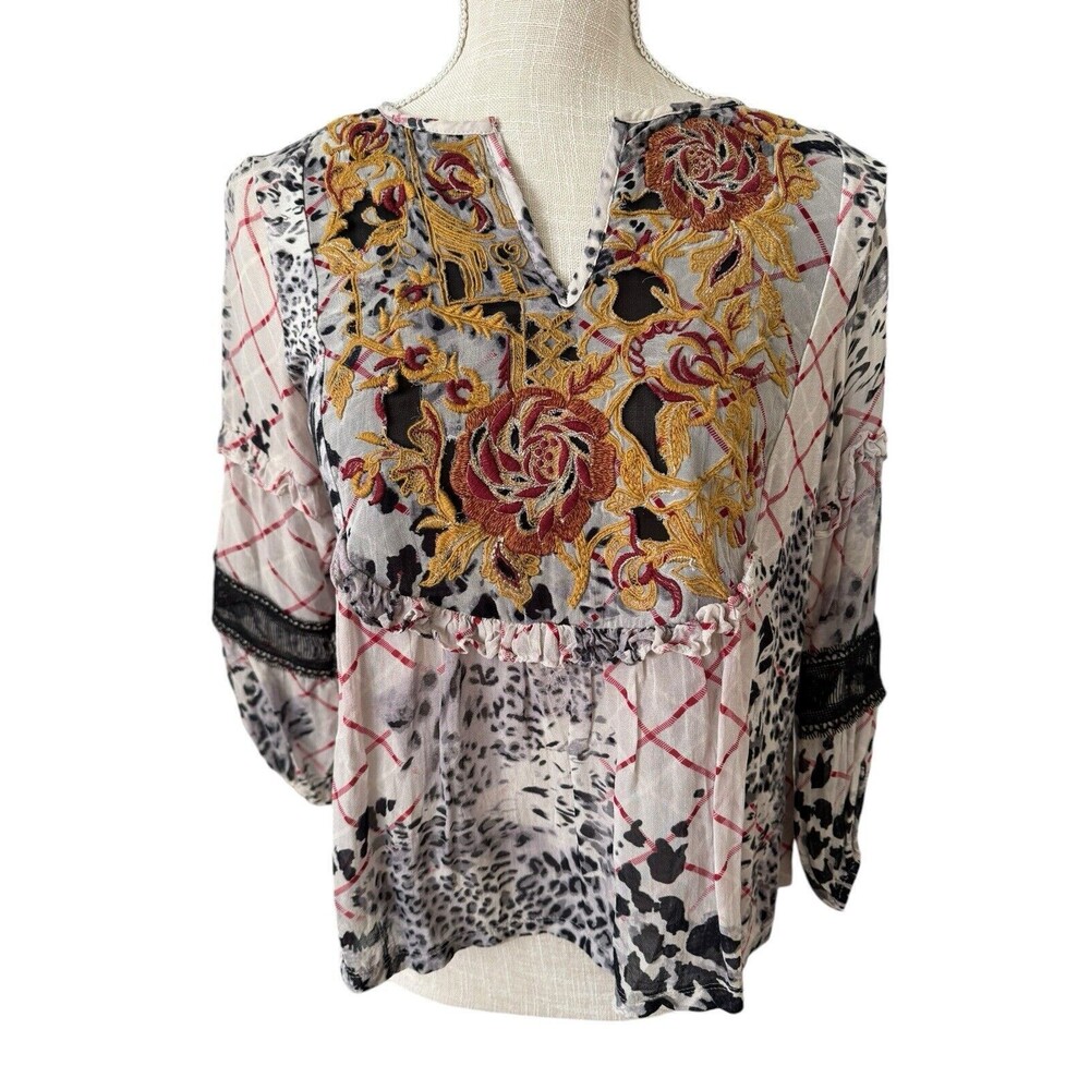 Anthropologie Mathilda Balloon Sleeve Top V Neck Boho Peasant Edgy Womens XS